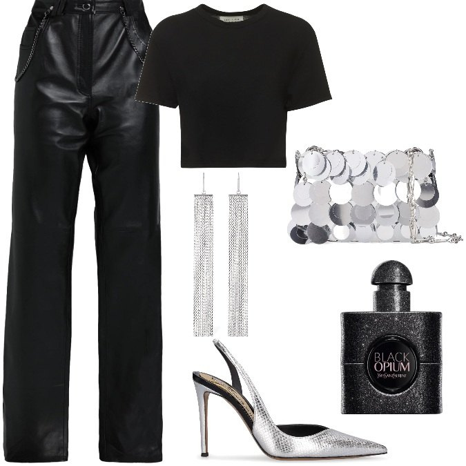 Outfit donna - Total look #1863610. Stile Trendy per Serata fuori. Abbinamento con pantaloni, profumi, borse a spalla, t-shirt, orecchini, décolleté.