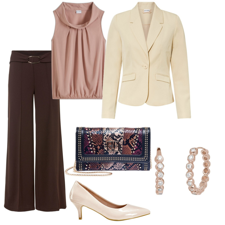 Outfit donna - Invitata all\' ultimo. per Cerimonia. Abbinamento con blazer, top, pantaloni a palazzo, décolleté, orecchini, pochette.