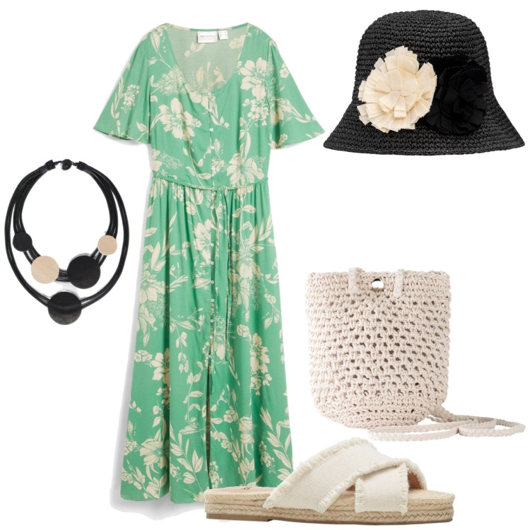 Outfit donna - Passeggiata sotto il sole. Stile Romantica per Tutti i giorni. Abbinamento con ciabatte, vestiti lunghi, borse a tracolla, collane, cappelli.