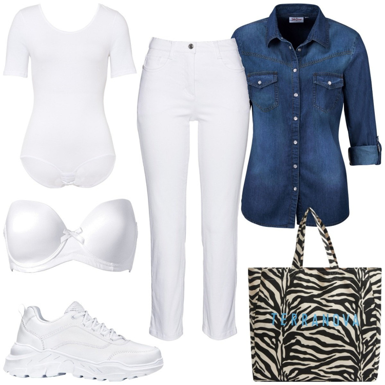 Outfit donna - La camicia a jeans. Stile Basic per Tutti i giorni. Abbinamento con camicie, pantaloni, sneakers, body, reggiseni, borse tote.