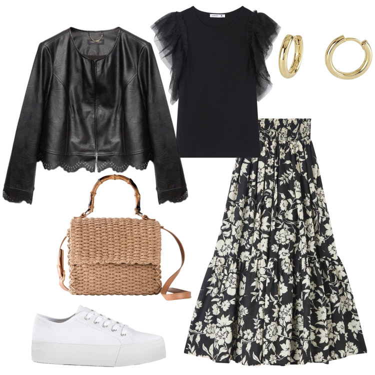 Outfit donna - Una serata in pizzeria. Stile Casual per Serata fuori. Abbinamento con sneakers, borse a mano, gonne lunghe, t-shirt, orecchini, blazer.