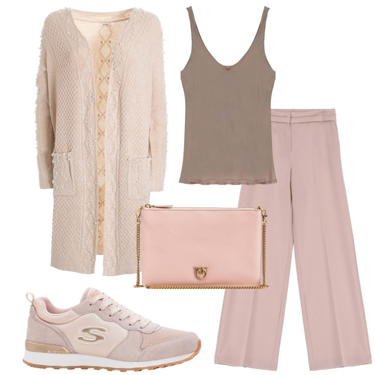 Outfit donna - Primavera minimal. Stile Minimal per Tutti i giorni. Abbinamento con sneakers, borse a tracolla, cardigans, pantaloni, canottiere.