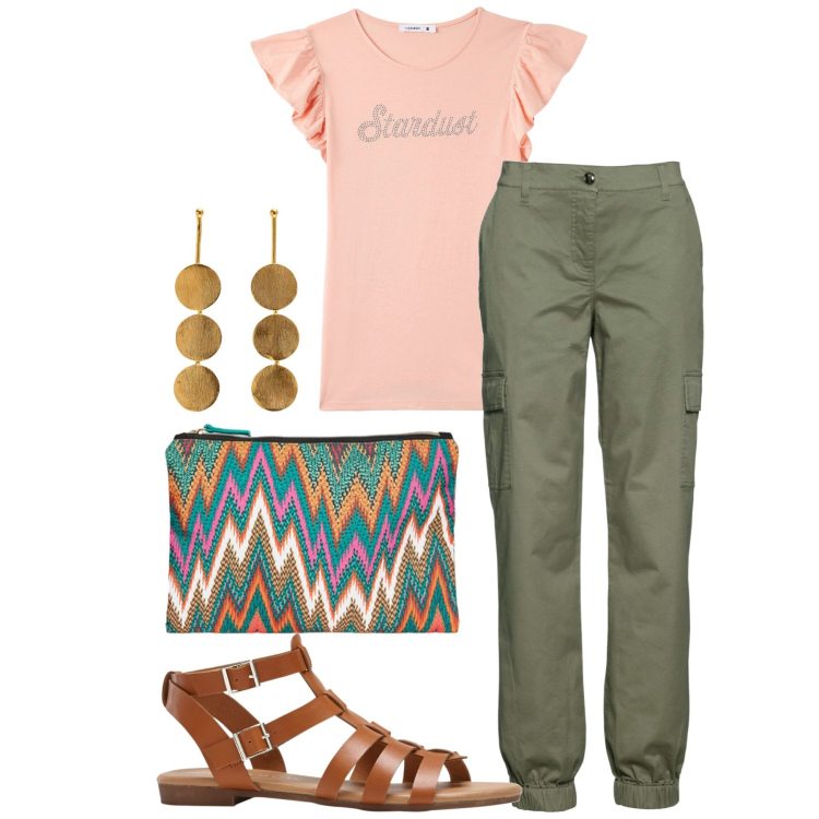 Outfit donna - Cargo time. Stile Casual per Tutti i giorni. Abbinamento con pantaloni cargo, sandali, t-shirt, pochette, orecchini.