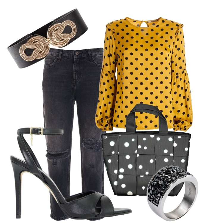 Outfit donna - Apetta. Stile Bon Ton per Tutti i giorni. Abbinamento con anelli, cinture, bluse, jeans boyfriend, décolleté, borse a spalla.