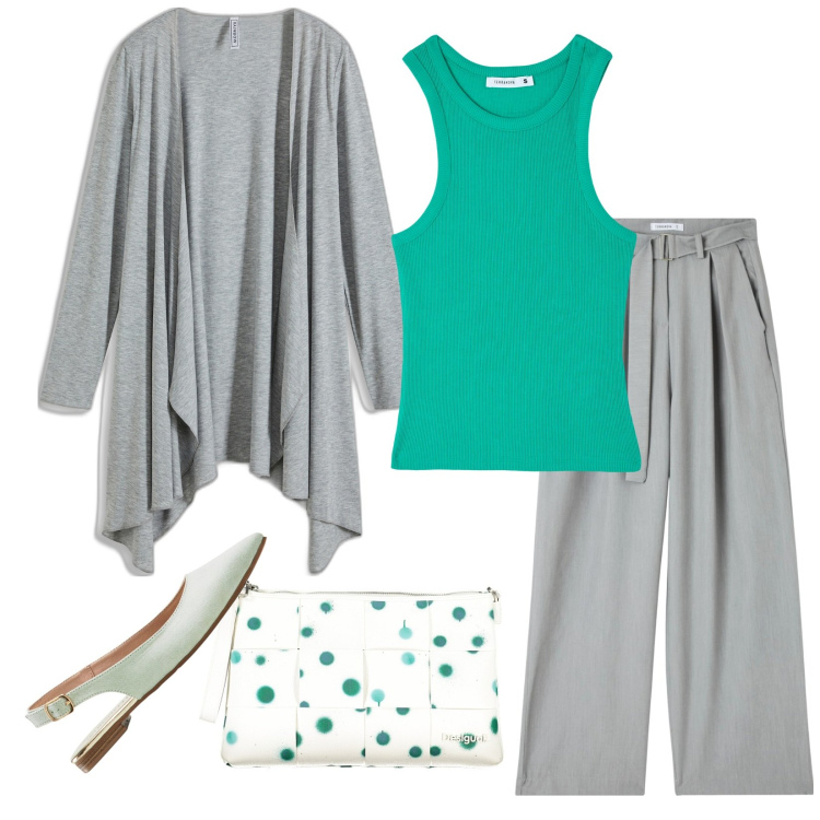 Outfit donna - Pois borsa. Stile Casual per Tutti i giorni. Abbinamento con cardigans, ballerine, canottiere, pantaloni, borse a spalla.
