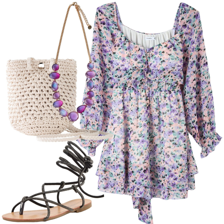 Outfit donna - Floreale. Stile Romantica per Tutti i giorni. Abbinamento con borse a tracolla, vestiti corti, sandali alla schiava, collane.