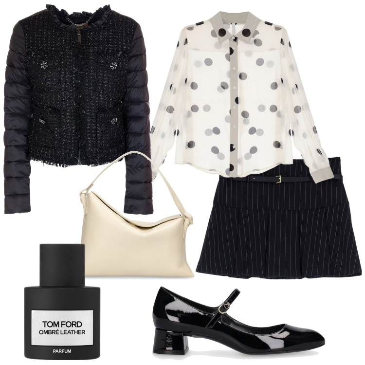 Outfit donna - Camicia pois. Stile Glamour per Serata fuori. Abbinamento con profumi, blazer, minigonne, camicie, borse a spalla, décolleté.