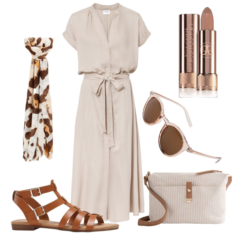Outfit donna - Ufficio curvy minimal. Stile Minimal per Ufficio. Abbinamento con vestiti chemisier, borse a tracolla, occhiali da sole, sandali, rossetti, foulard.