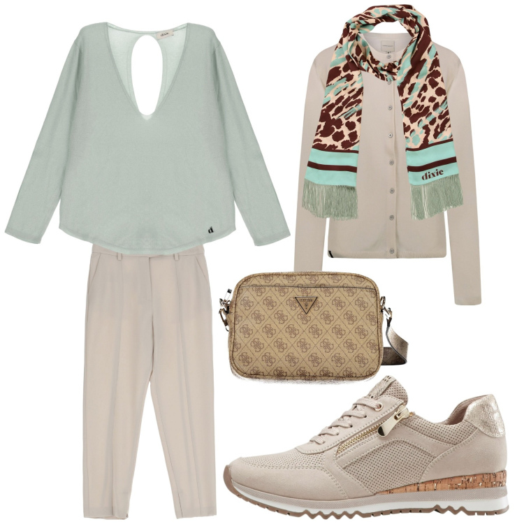 Outfit donna - Sempre con stile. Stile Glamour per Ufficio. Abbinamento con sneakers, pantaloni, pullovers, sciarpe, borse a tracolla, cardigans.