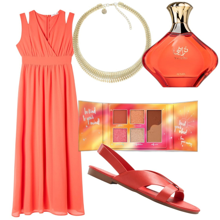 Outfit donna - Profumi estivi. Stile Chic per Serata fuori. Abbinamento con sandali, profumi, ombretti, vestiti lunghi, collane.