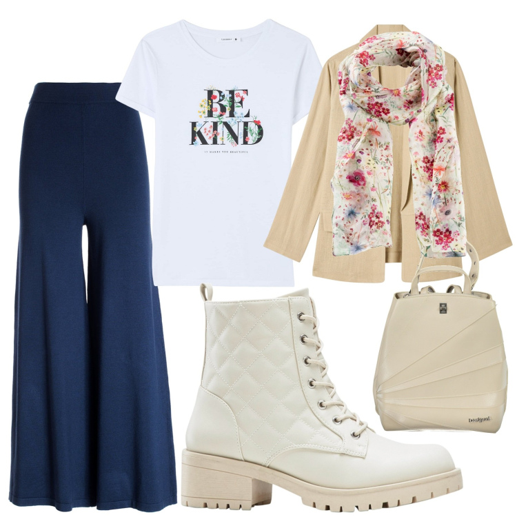 Outfit donna - Così é se mi piaccio. Stile Trendy per Serata fuori. Abbinamento con foulard, stivaletti, t-shirt, blazer, pantaloni, zaini.