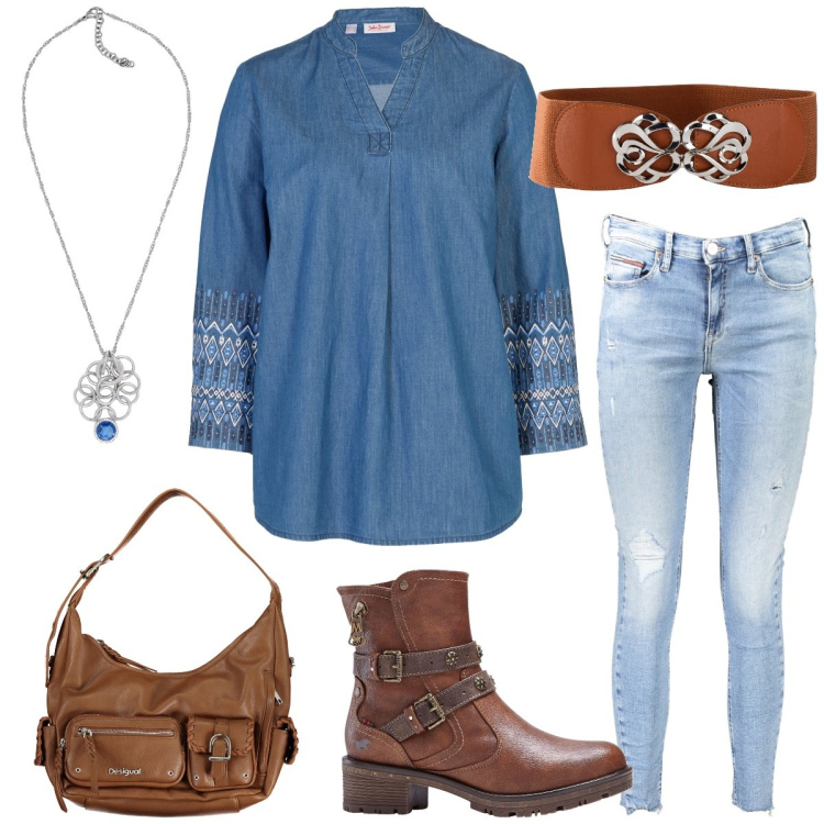 Outfit donna - Country. Stile Casual per Tutti i giorni. Abbinamento con cinture, bluse, stivaletti, collane, jeans skinny, borse a spalla.