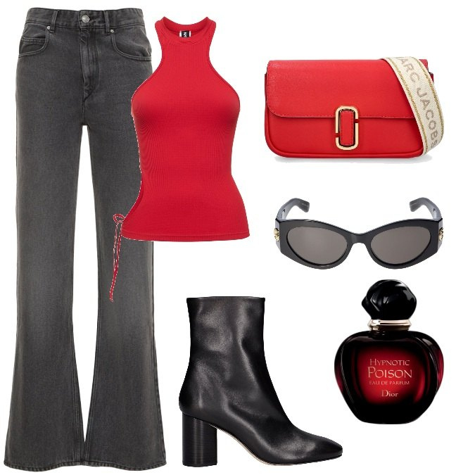 Outfit donna - Total look #1863743. Stile Trendy per Tutti i giorni. Abbinamento con profumi, borse a spalla, occhiali da sole, stivaletti, pantaloni, canottiere.