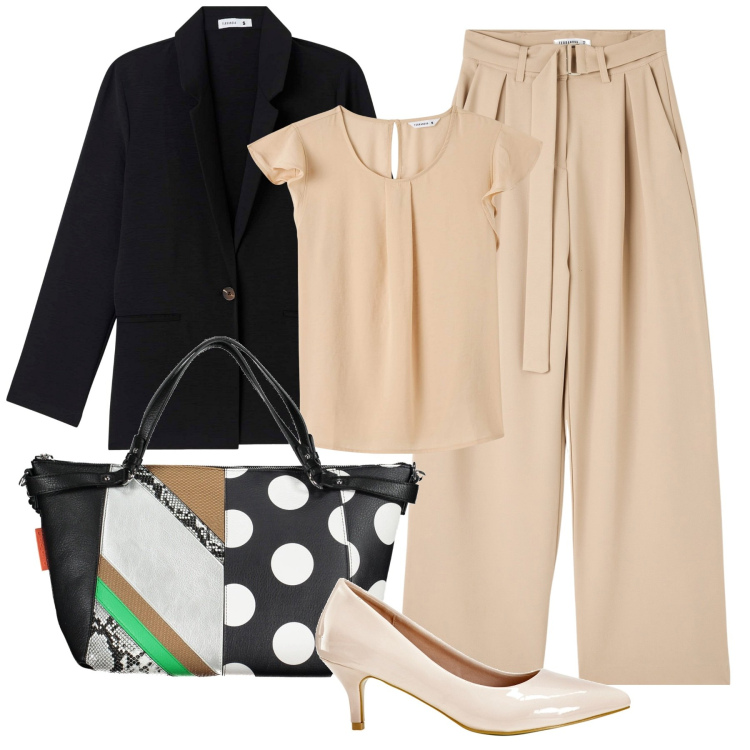 Outfit donna - La borsa polka. Stile Vintage retrò per Tutti i giorni. Abbinamento con décolleté, bluse, pantaloni, blazer, borse a spalla.