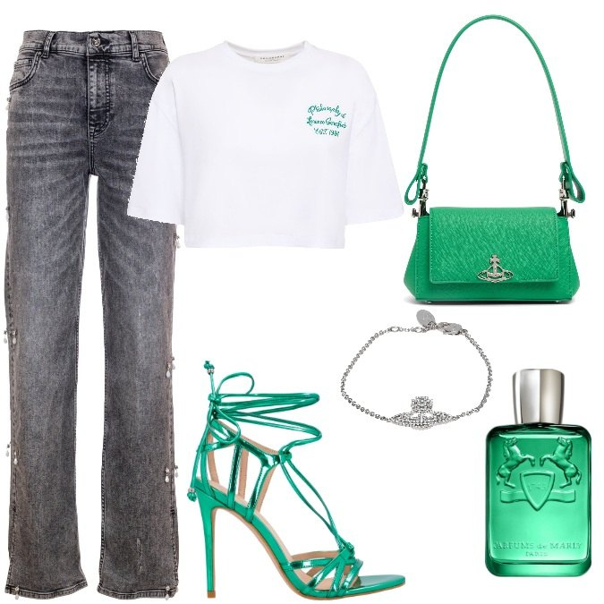 Outfit donna - Total look #1863747. Stile Casual chic per Tutti i giorni. Abbinamento con braccialetti, profumi, sandali in pelle, jeans dritti, borse a spalla, t-shirt.