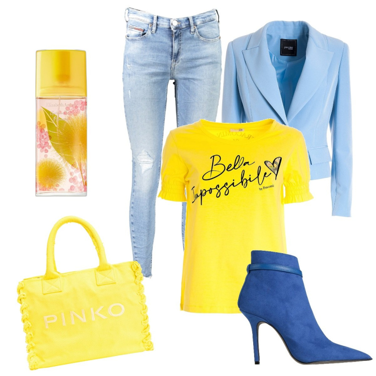 Outfit donna - Giallo & azzurro. Stile Chic per Tutti i giorni. Abbinamento con stivaletti, profumi, shopping bag, t-shirt, blazer, jeans skinny.