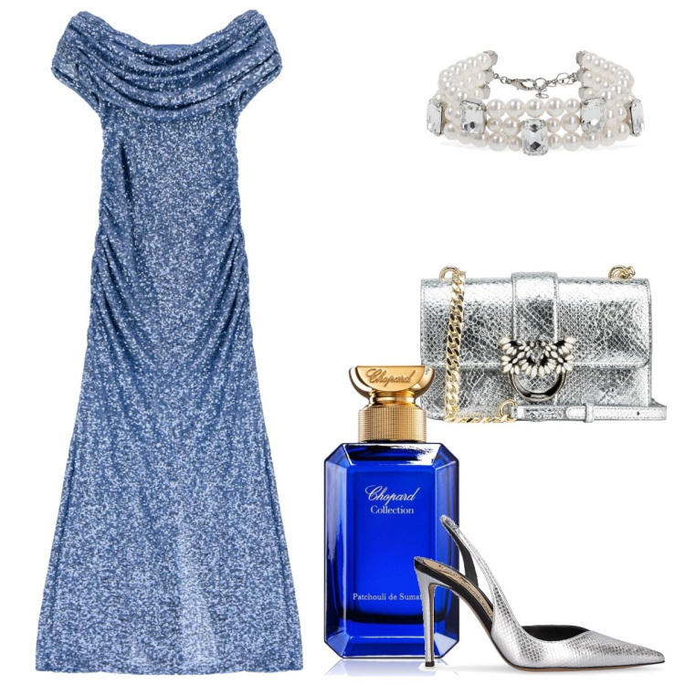 Outfit donna - Sirena. Stile Glamour per Serata fuori. Abbinamento con profumi, borse a tracolla, vestiti lunghi, collane, décolleté.