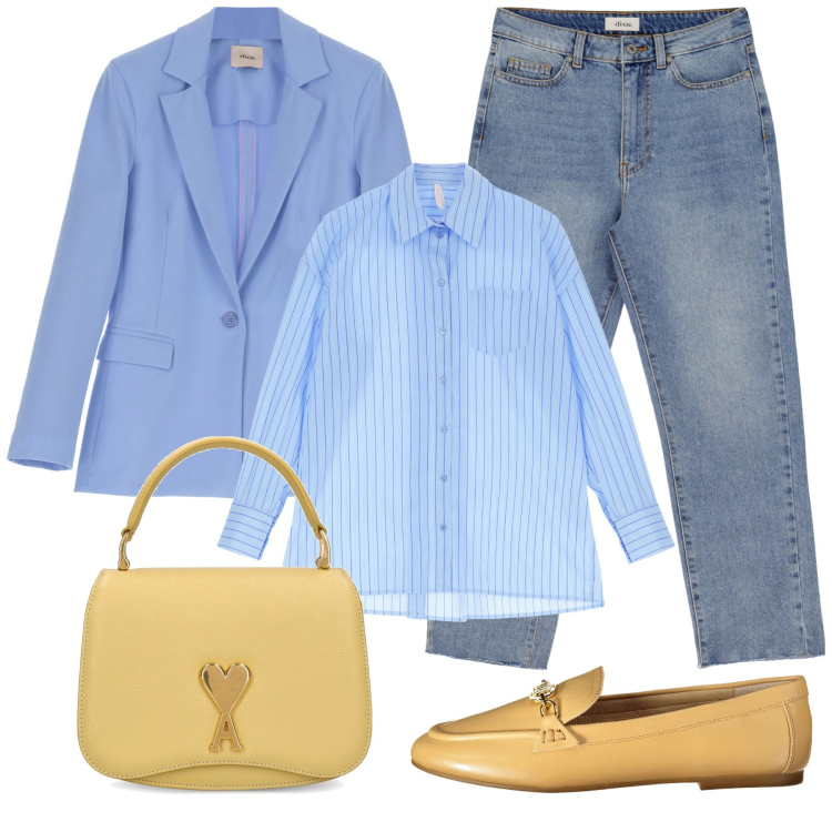 Outfit donna - Giallo su azzurro. Stile Glamour per Tutti i giorni. Abbinamento con camicie, jeans slim fit, blazer, borse a mano, mocassini.