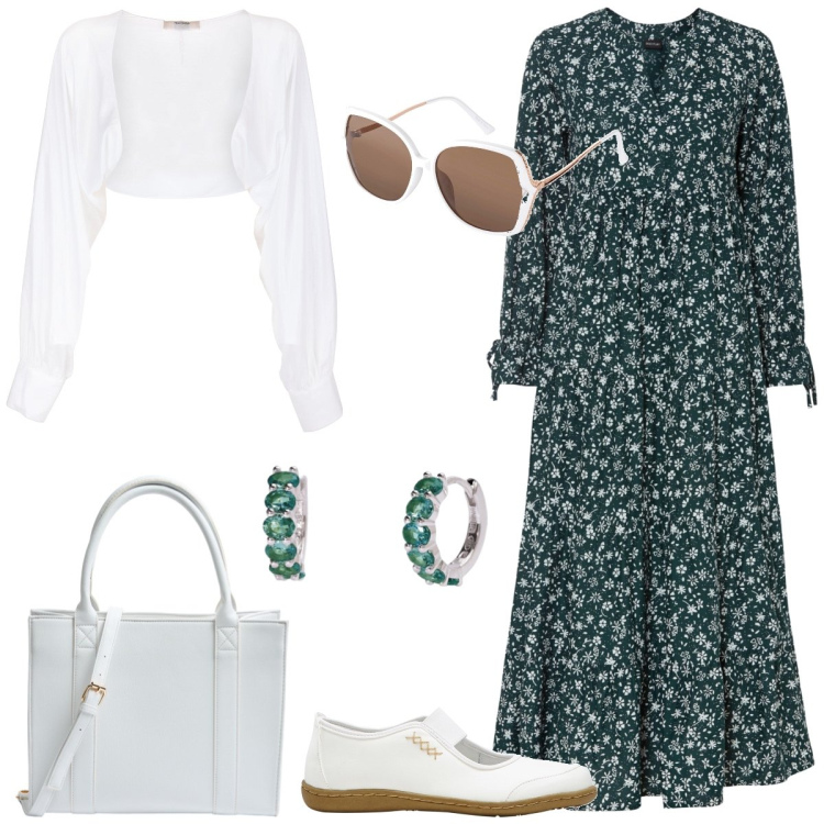 Outfit donna - Fantasia provenzale. Stile Romantica per Tutti i giorni. Abbinamento con ballerine, vestiti lunghi, occhiali da sole, shopping bag, orecchini, blazer.