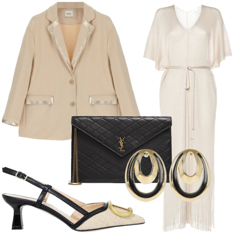Outfit donna - Satino. Stile Minimal per Cerimonia. Abbinamento con blazer, sandali in pelle, vestiti midi/longuette, pochette, orecchini.