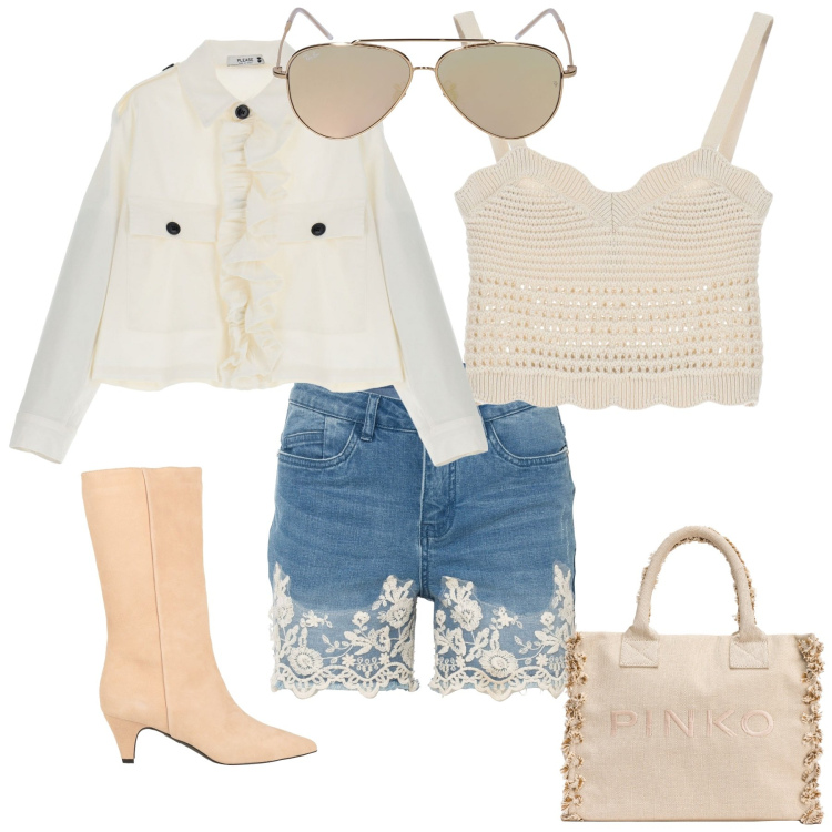 Outfit donna - Boho country. Stile Boho per Tutti i giorni. Abbinamento con shorts, stivali, blazer, shopping bag, top, occhiali da sole.