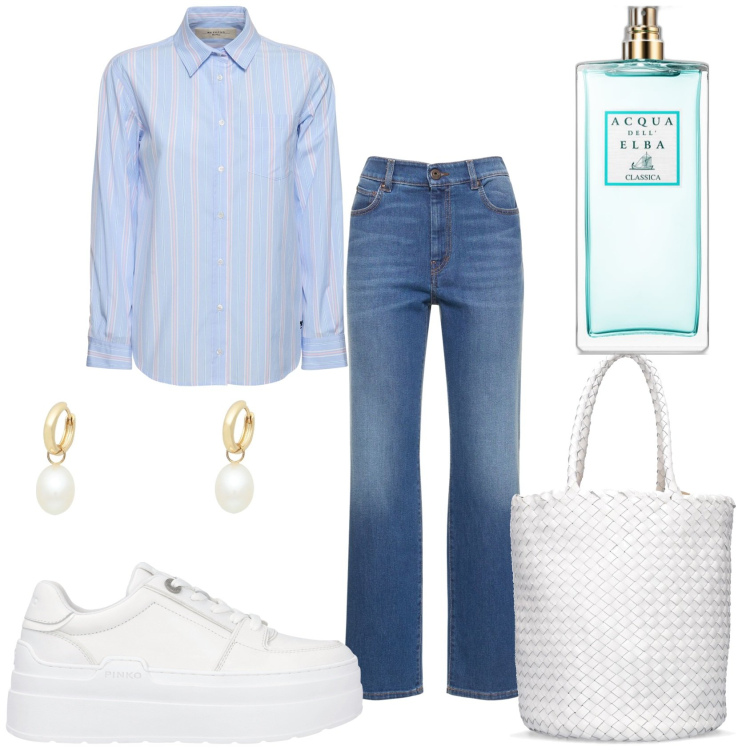 Outfit donna - Jeans e camicia per un giorno. Stile Casual per Tutti i giorni. Abbinamento con orecchini, profumi, sneakers, jeans dritti, camicie, borse a mano.