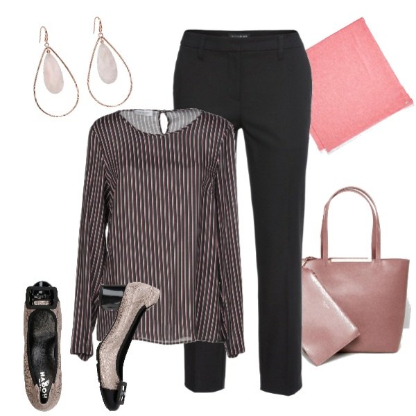 Outfit donna - Total look #186379. Abbinamento con pantaloni, camicia in viscosa, décolleté fantasia effetto laminato con tacco squadrato e punta tonda, orecchini a pendolo in ottone rosa, shopping bag con fiocco a calamita tinta unita, sciarpa taglia unica rosa.