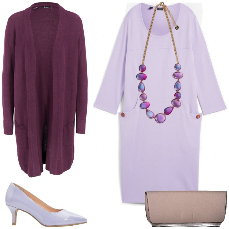 Outfit donna - Lilla. Stile Basic per Tutti i giorni. Abbinamento con cardigans, vestiti midi/longuette, décolleté, collane, pochette.