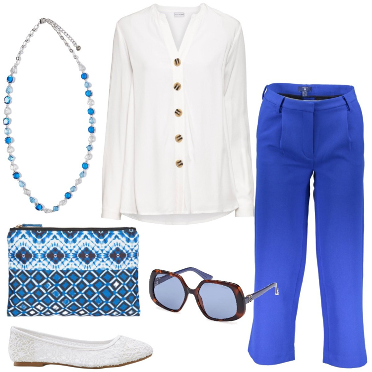 Outfit donna - Passeggiata al mare. Stile Casual chic per Tutti i giorni. Abbinamento con ballerine, camicie, pantaloni, collane, occhiali da sole, pochette.