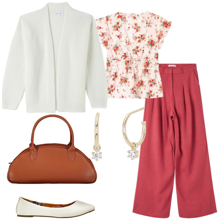 Outfit donna - Tempo libero. Stile Casual per Tutti i giorni. Abbinamento con ballerine, pantaloni, bluse, cardigans, orecchini, borse a spalla.