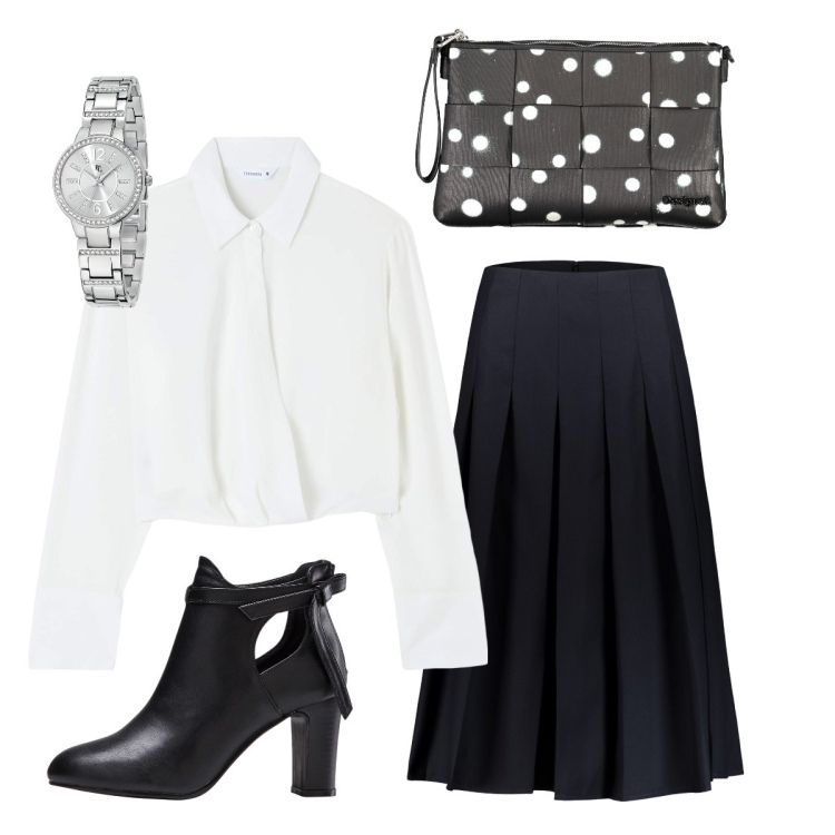 Outfit donna - Una borsa a pois. Stile Minimal per Ufficio. Abbinamento con stivaletti, orologi, bluse, gonne longuette, borse a spalla.