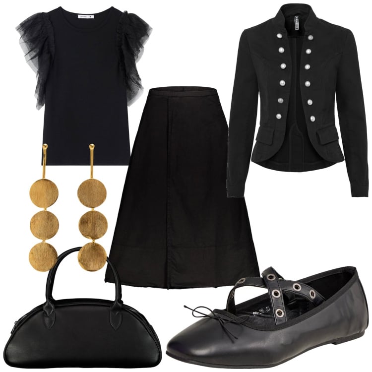 Outfit donna - A me piace il nero. Stile Rock per Serata fuori. Abbinamento con blazer, t-shirt, ballerine, gonne lunghe, orecchini, borse a spalla.