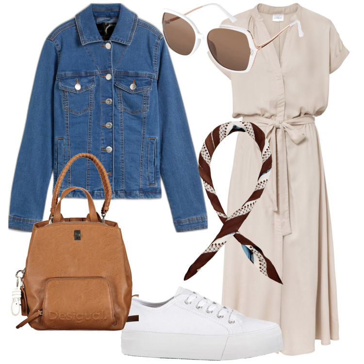 Outfit donna - Minimal chic curvy. Stile Minimal per Tutti i giorni. Abbinamento con vestiti chemisier, blazer, sneakers, occhiali da sole, foulard, zaini.