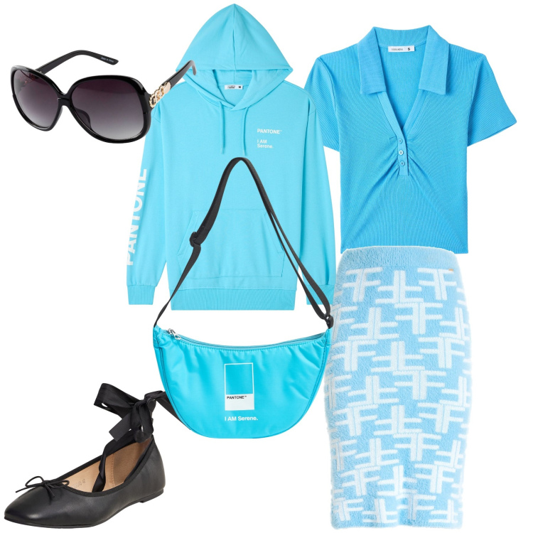 Outfit donna - Colazione da … Tiffany. Stile Casual chic per Tutti i giorni. Abbinamento con occhiali da sole, marsupi, felpe con cappuccio, polo, ballerine, gonne longuette.