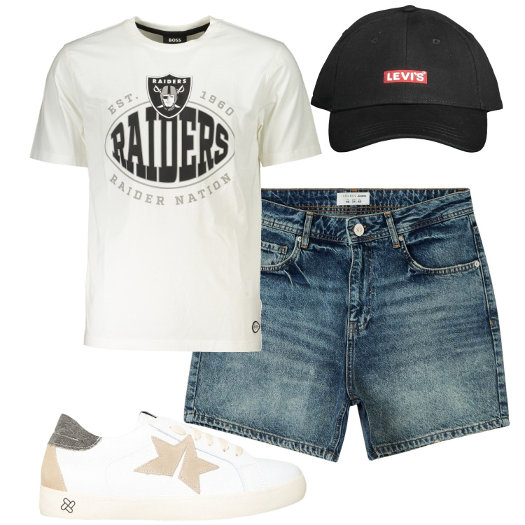 Outfit uomo - City. Stile Casual per Tutti i giorni. Abbinamento con shorts, sneakers, cappelli con visiera, t-shirt.