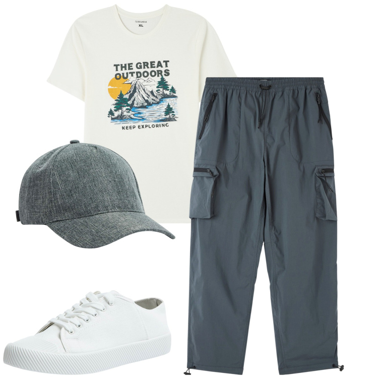 Outfit uomo - City. Stile Urban per Tutti i giorni. Abbinamento con cappelli, pantaloni cargo, sneakers, t-shirt.