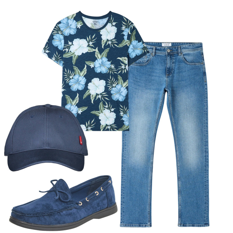 Outfit uomo - City. Stile Casual per Tutti i giorni. Abbinamento con scarpe stringate, t-shirt, jeans dritti, cappelli con visiera.