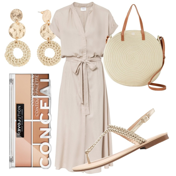 Outfit donna - Affascinante in neutro. Stile Chic per Tutti i giorni. Abbinamento con vestiti chemisier, ciabatte, orecchini, shopping bag, primer.