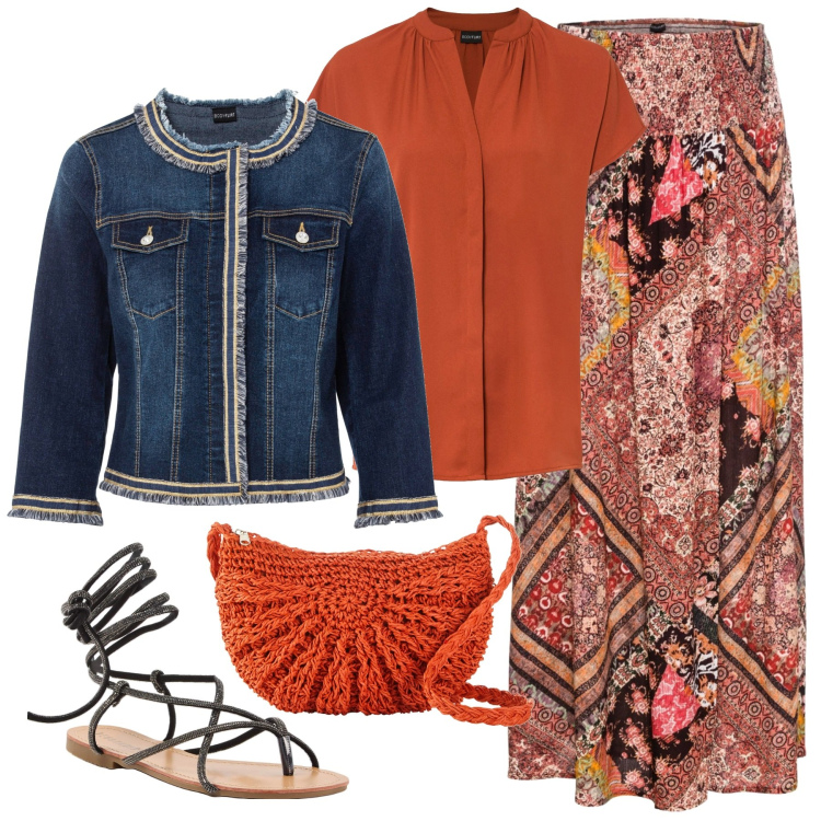 Outfit donna - Boho curvy. Stile Boho per Tutti i giorni. Abbinamento con blazer, bluse, borse a tracolla, gonne, sandali alla schiava.