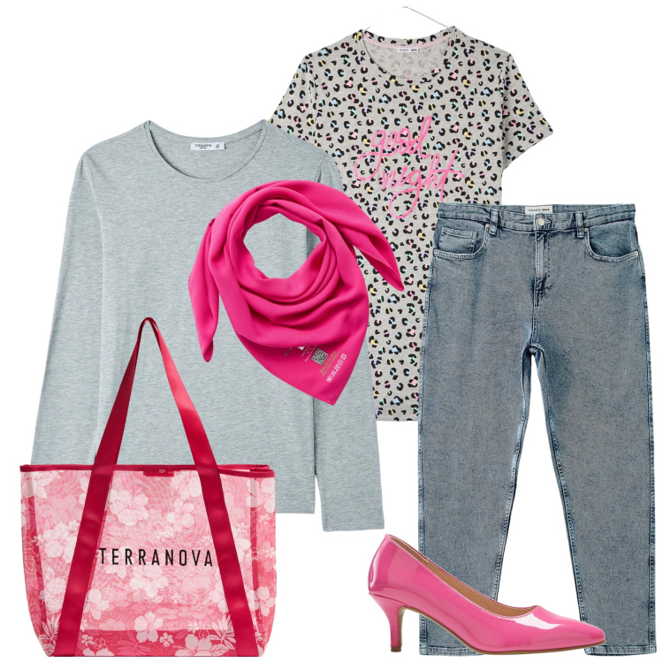 Outfit donna - Accessori fucsia. Stile Casual per Tutti i giorni. Abbinamento con décolleté, shopping bag, jeans mom, foulard, t-shirt, t-shirt.