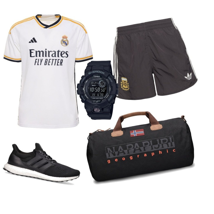 Outfit uomo - In palestra. Stile Trendy per Sport. Abbinamento con orologi digitali, sneakers, borse sportive, t-shirt, shorts.