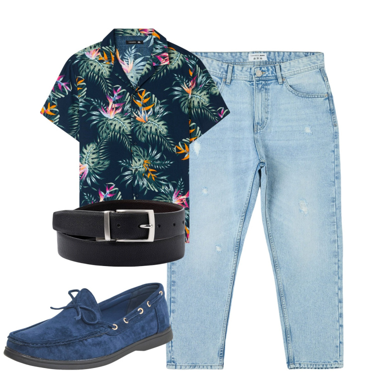 Outfit uomo - City. Stile Urban per Tutti i giorni. Abbinamento con jeans strappati, camicie a manica corta, scarpe stringate, cinture.