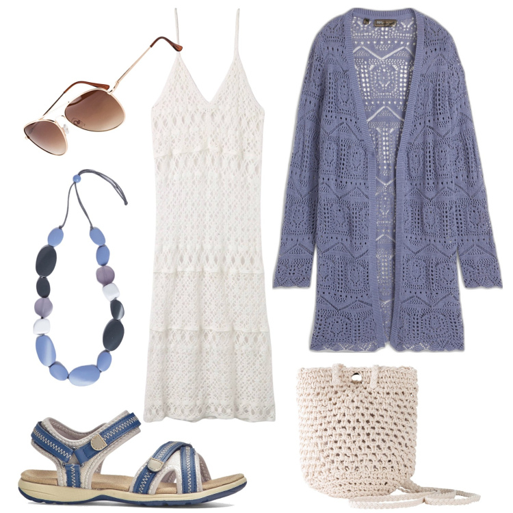 Outfit donna - Cardigan novità & crochet. Stile Etnico per Tutti i giorni. Abbinamento con sandali, occhiali da sole, cardigans, borse a tracolla, vestiti lunghi, collane.