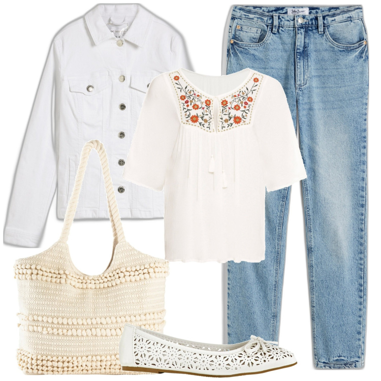Outfit donna - Boho curvy. Stile Boho per Tutti i giorni. Abbinamento con tuniche, blazer, ballerine, jeans dritti, shopping bag.