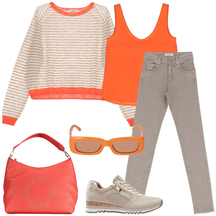 Outfit donna - Dinamica. Stile Casual per Scuola/Università. Abbinamento con sneakers, canottiere, pantaloni, pullovers, borse a spalla, occhiali da sole.
