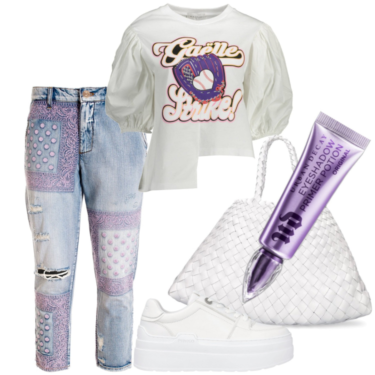 Outfit donna - Fantasiosa. Stile Trendy per Tutti i giorni. Abbinamento con primer, sneakers, jeans strappati, borse a mano, t-shirt.