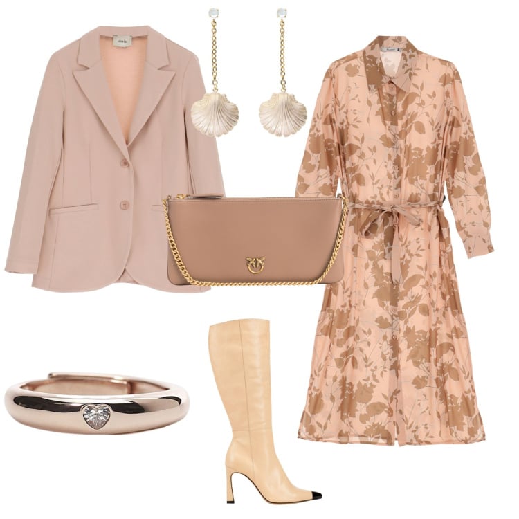 Outfit donna - Chic pranzo o cena mezza stagione. Stile Chic per Serata fuori. Abbinamento con stivali, vestiti midi/longuette, anelli, borse a tracolla, blazer, orecchini.