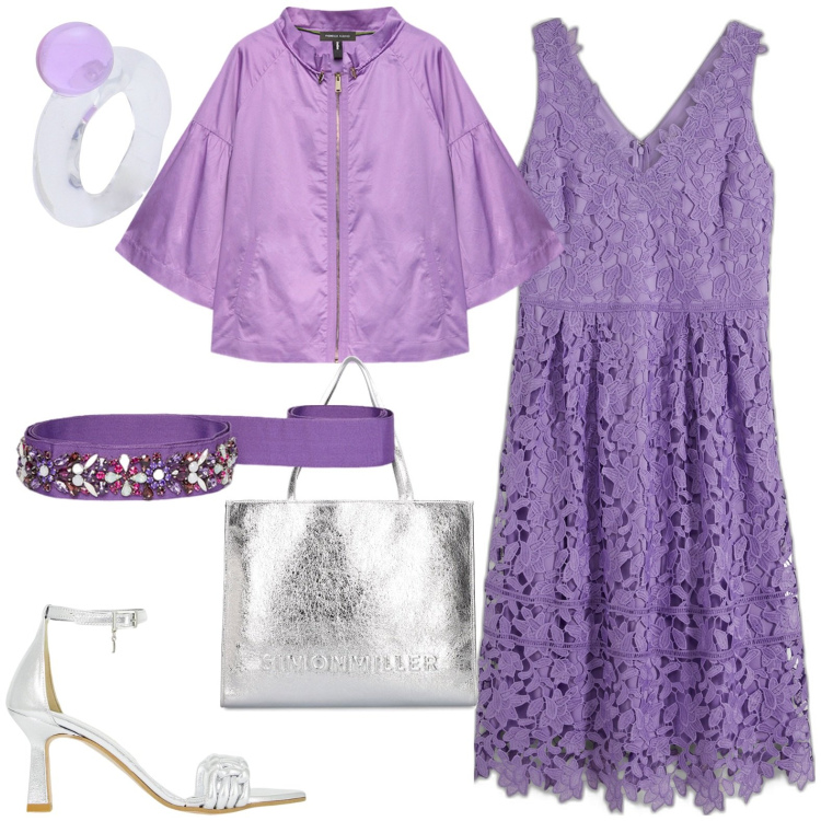 Outfit donna - Viola e argento. Stile Casual chic per Tutti i giorni. Abbinamento con vestiti, anelli, décolleté, blazer, shopping bag, cinture.