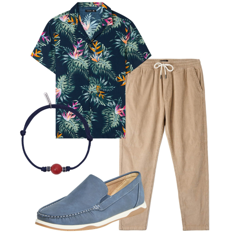 Outfit uomo - City. Stile Casual per Tutti i giorni. Abbinamento con scarpe stringate, camicie a manica corta, pantaloni, braccialetti.