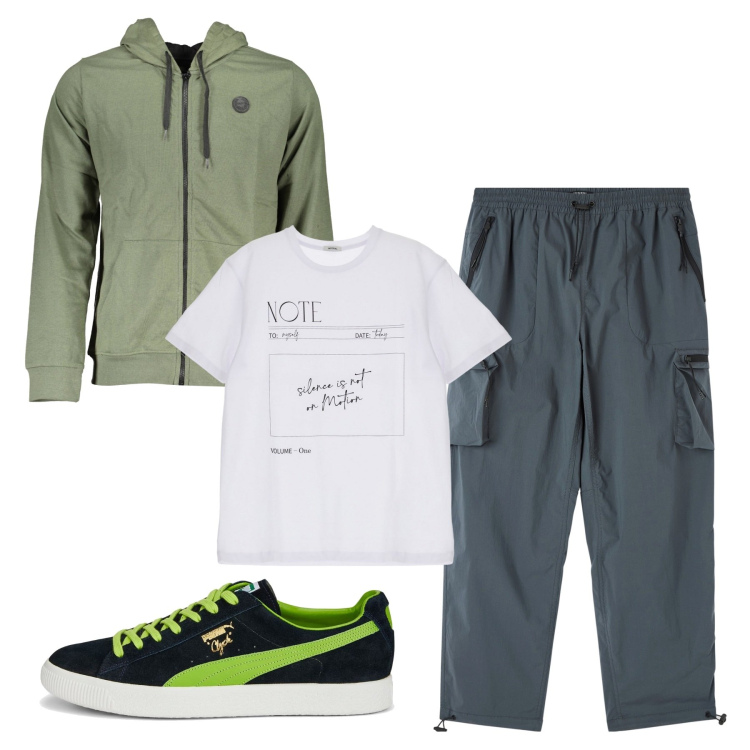Outfit uomo - City. Stile Urban per Tutti i giorni. Abbinamento con pantaloni cargo, t-shirt, sneakers, felpe con cappuccio.